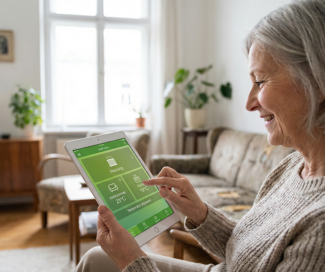Ältere Frau nutzt Tablet als Hilfe, um Heizung zu steuern